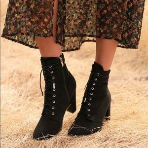 Soraka Black Suede Lace-Up Mid-Calf Booties